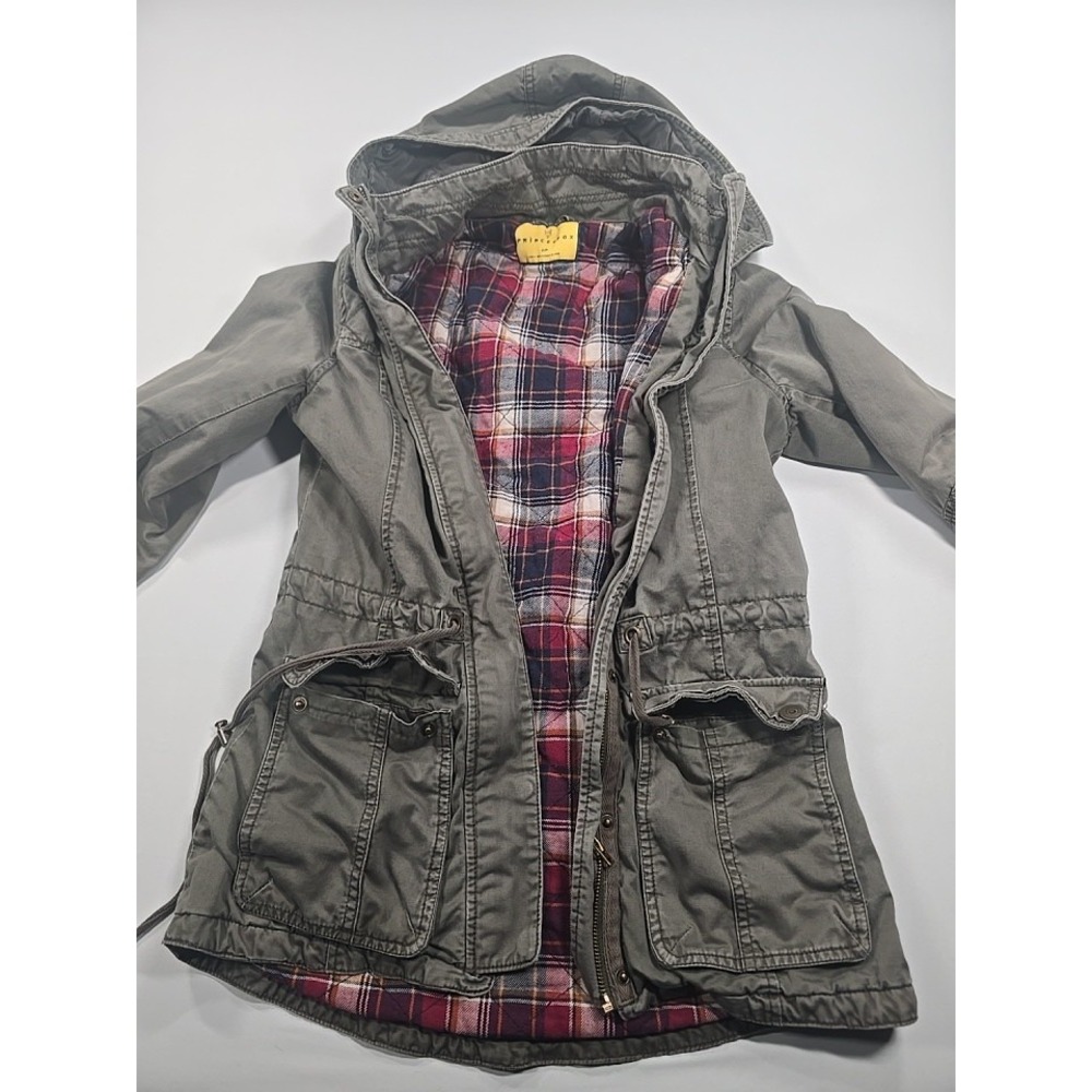Prince & Fox Women's Size S Green Hooded Jacket Plaid Lined Distressed Pockets
